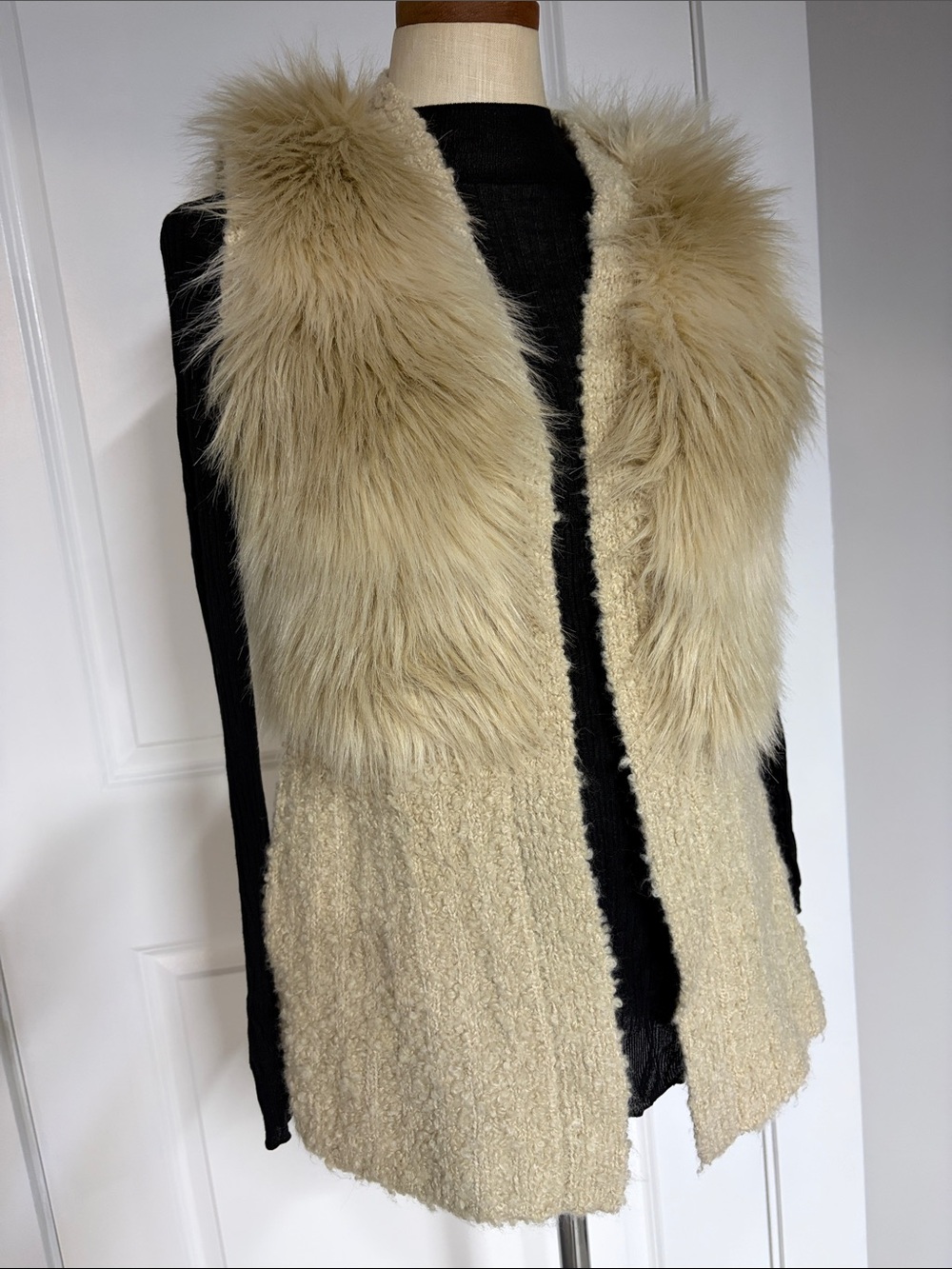 Guess Cream Bouclé Vest with Faux Fur Collar